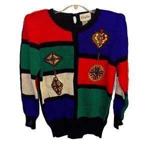Vintage Christine Hand Beaded Colorful Solid Back Knitted Sweater Size SMALL